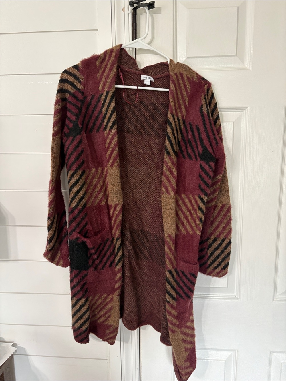 Nine West Burgundy and Tan Plaid Open-Front Cardigan